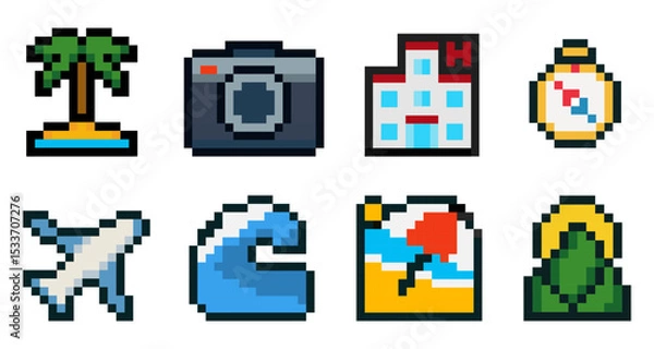 Fototapeta Set of 8 colorful pixel art icons related to travel, palm tree, photo camera, hotel building, compass, airplane, ocean wave, beach with umbrella and mountain with sun. Ideal for retro games, travel