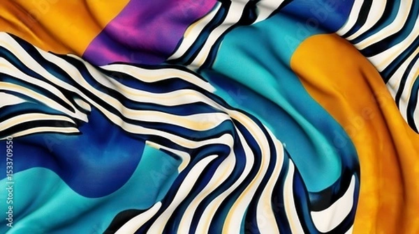 Fototapeta Colorful abstract fabric with wavy patterns in blue, orange, purple, and black stripes. 