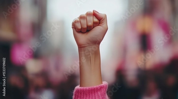 Fototapeta A raised fist in a pink sweater, symbolizing empowerment and protest. The background is blurred, indicating a crowd in an urban setting.