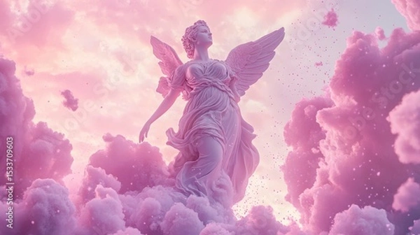 Fototapeta A marble statue of an angel with wings stands amidst fluffy pink clouds. The scene conveys a dreamy, ethereal atmosphere.