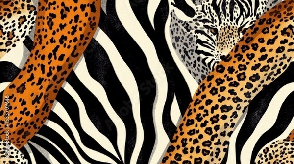 Fototapeta A close-up view of animal patterns featuring black and white zebra stripes alongside orange and leopard spots. The design showcases a blend of wildlife textures.