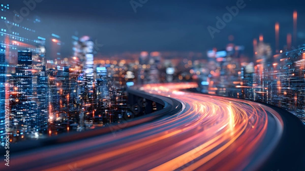 Fototapeta 3D Rendering of trail lights from highway and light reflection from buildings in mega city at night. Concept of technology background cyberpunk fin tech big data 5g fast network AI 72585525 1