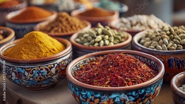 Fototapeta Colourful spices in decorative bowls arranged on a table. Turmeric, saffron and seeds are on display. The scene showcases culinary diversity and culture.