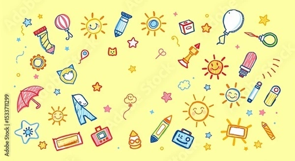 Fototapeta Cute hand drawn kids doodles background pattern with sun stars and objects vector