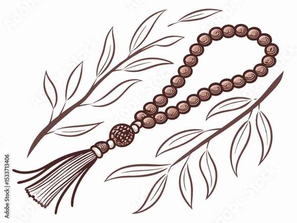 Fototapeta Hand-drawn rudraksha mala necklace with leaves on a white background