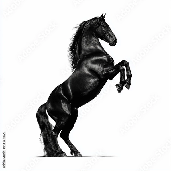 Fototapeta Elegant black horse rearing up on a white background