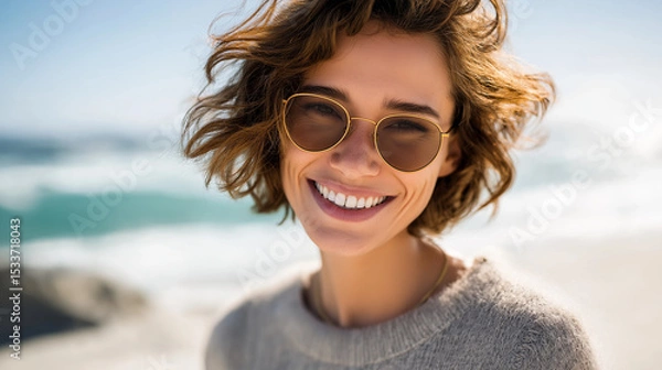 Fototapeta Happy woman enjoying a sunny day at the beach with sunglasses