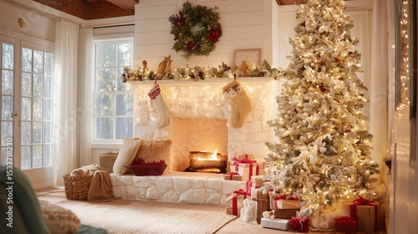 Fototapeta Living room scene with a Christmas tree next to a decorated fireplace, gifts stacked underneath, stockings hung, and string lights along the mantle. Wreath above the fireplace.