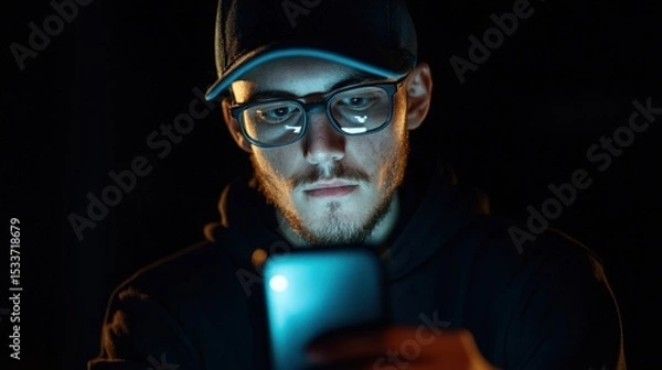Obraz A hacker in a pitch-black room, only their phone screen revealing part of their face 