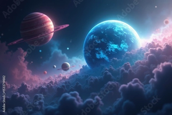 Obraz Cosmic Landscape Glowing Planets Nebula and Celestial Clouds