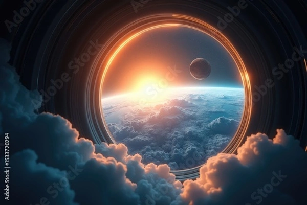 Obraz Space Station View Sunrise Over Alien Planet