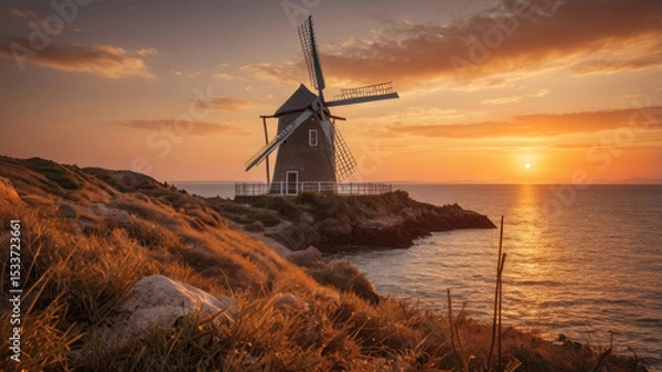 Obraz Majestic Sunset Coastal Windmill at Golden Hour