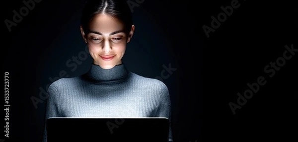 Fototapeta A woman uses a laptop in a dark room, illuminated by the screen, showcasing focus and engagement.