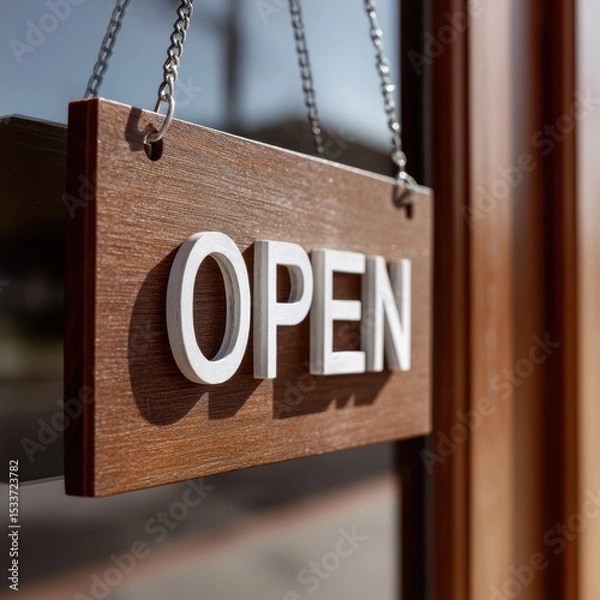 Fototapeta A wooden open sign hanging in a storefront window, symbolizing availability and inviting customers inside.
