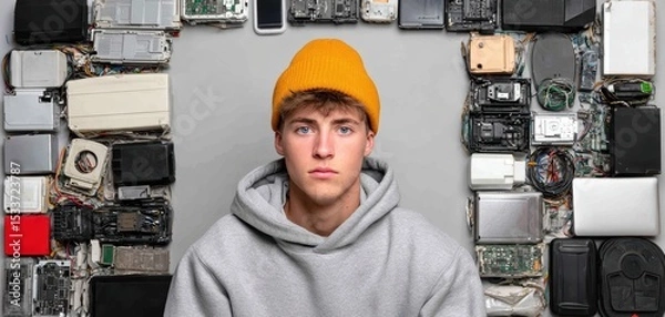Fototapeta A young man wearing an orange beanie surrounded by various electronic devices. Capturing modern tech culture.