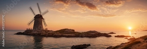 Obraz Scenic Sunset Coastal Windmill Panorama at Golden Hour