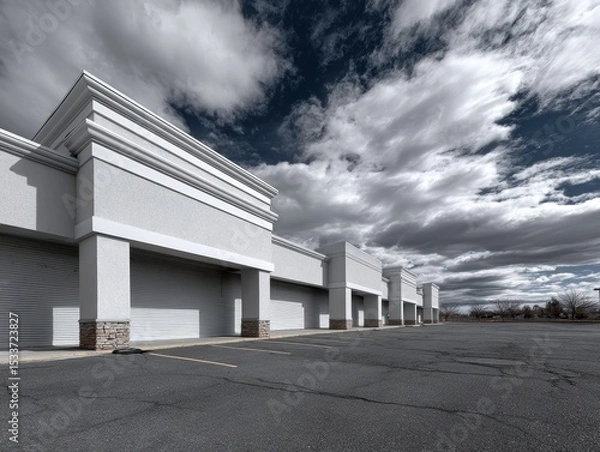 Fototapeta An empty commercial property featuring modern architecture under a dramatic cloudy sky.