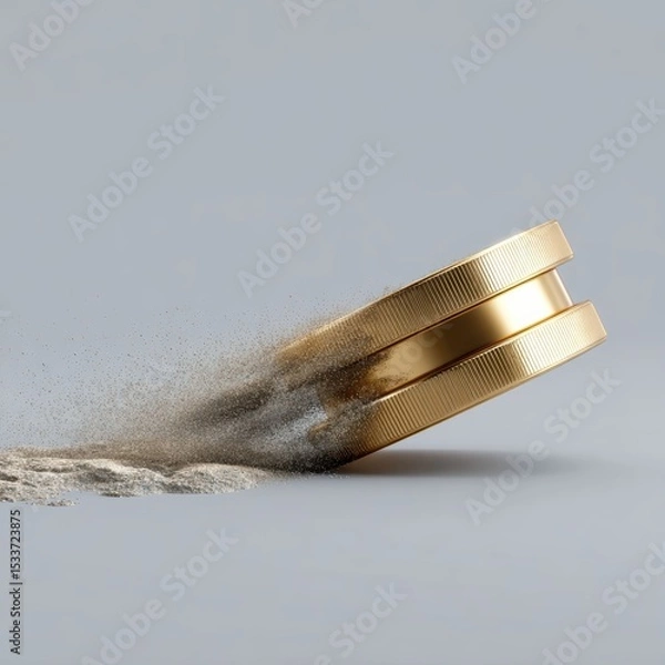Fototapeta Golden coins collapsing into dust, symbolizing financial loss and economic instability in a modern context.