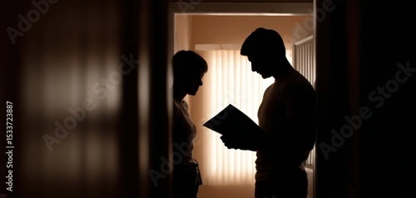 Fototapeta Silhouettes of a couple sharing an intimate moment while reading in a softly lit room, evoking deep connections.