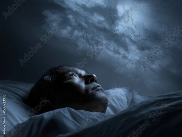 Fototapeta A contemplative individual gazes at clouds, experiencing thoughts and dreams during a serene night.
