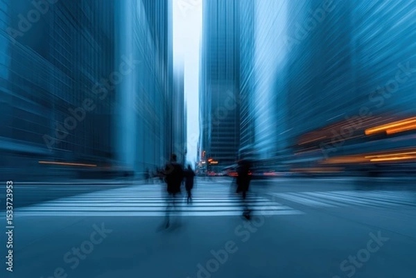 Fototapeta A dynamic urban scene with blurred figures walking amidst towering skyscrapers, conveying the energy of city life.