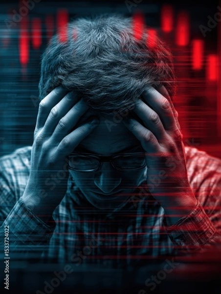 Fototapeta A man displays stress and frustration, surrounded by abstract digital patterns that represent financial turmoil.