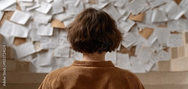 Fototapeta A person contemplating ideas with a wall full of papers, reflecting creativity and inspiration in a dynamic environment.