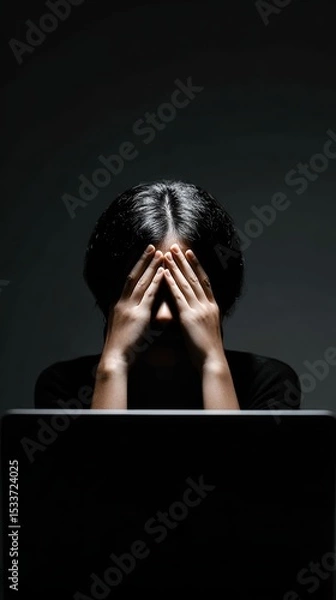 Fototapeta A person displaying signs of stress and frustration while working on a laptop in a dimly lit space.