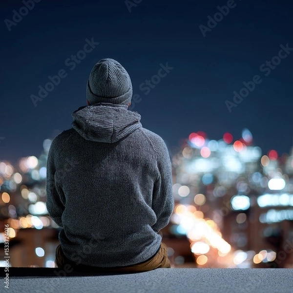 Fototapeta A person sits alone on a rooftop at night, gazing over a vibrant city skyline illuminated by glowing lights.