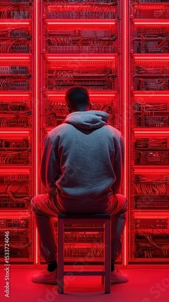 Fototapeta A person sitting in front of a network rack illuminated by red lights, capturing the essence of modern digital environments.