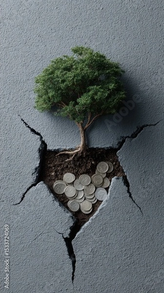 Fototapeta A resilient tree grows from a crack in the ground surrounded by coins, symbolizing sustainability and growth.