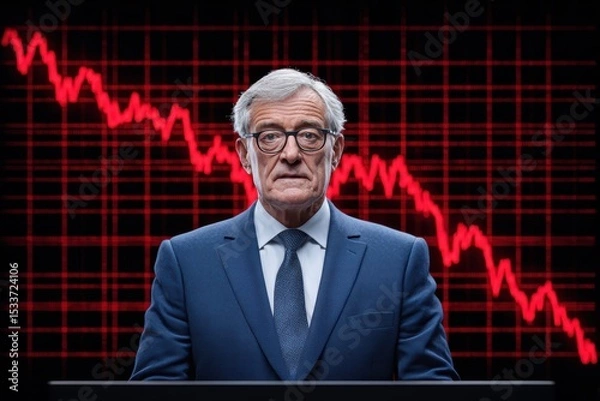 Fototapeta A solemn businessman stands against a backdrop of a declining stock market graph, representing financial challenges.