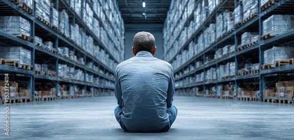 Fototapeta A thoughtful man reflects amidst vast shelves of a warehouse, symbolizing introspection and logistics.