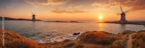 Obraz Panoramic Sunset Greek Island Windmills  Coastal Serenity