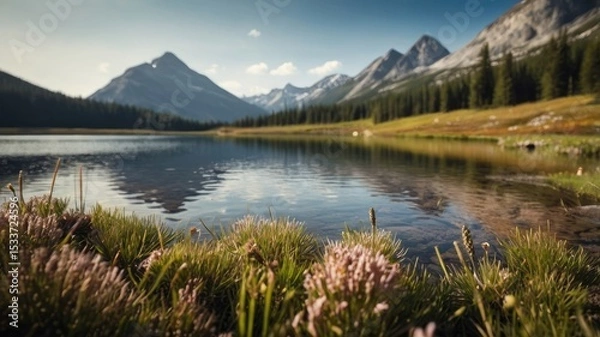 Obraz Alpine Lake Landscape Mountain Scenery Wildflowers and Reflection