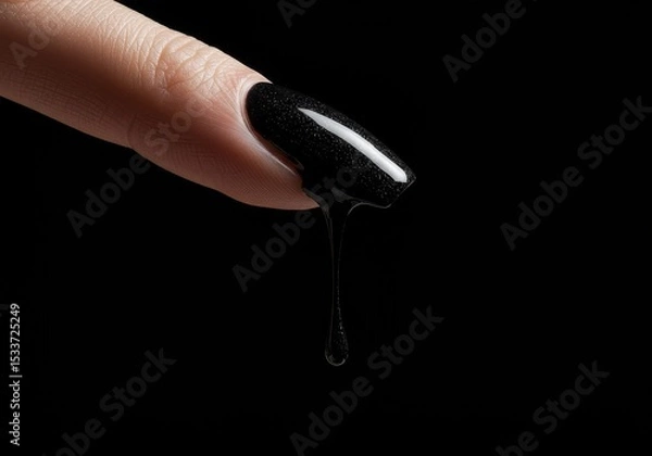 Obraz A finger with black nail polish dripping against a dark background in a studio shot close up view