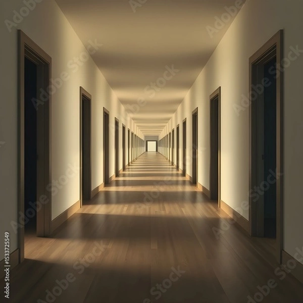 Obraz A long hallway with evenly spaced doors, all slightly ajar.