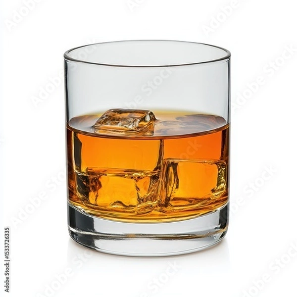 Fototapeta Amber Liquid in a Short Glass with Ice Cubes on White Background