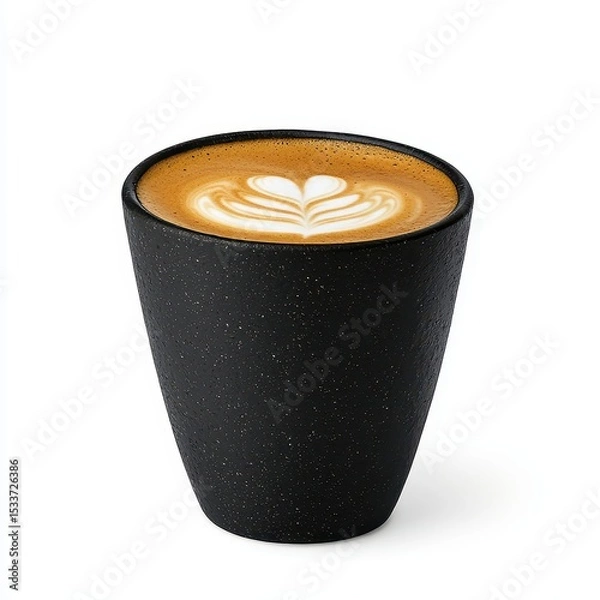 Fototapeta Close Up of Latte Art in Black Speckled Cup Against White Background