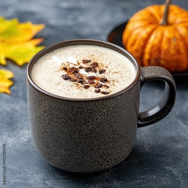 Fototapeta Warm Autumn Beverage in Dark Mug with Pumpkin and Leaves