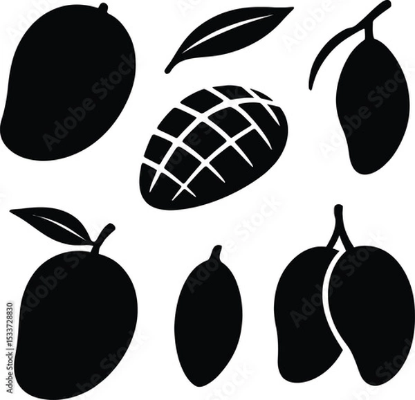 Fototapeta Solid black silhouette vector set on white background featuring mango icons: whole mango fruit, sliced mango, mango leaf, mango seed, mango bunch, mango with stem, simple and clean tropical fruit desi