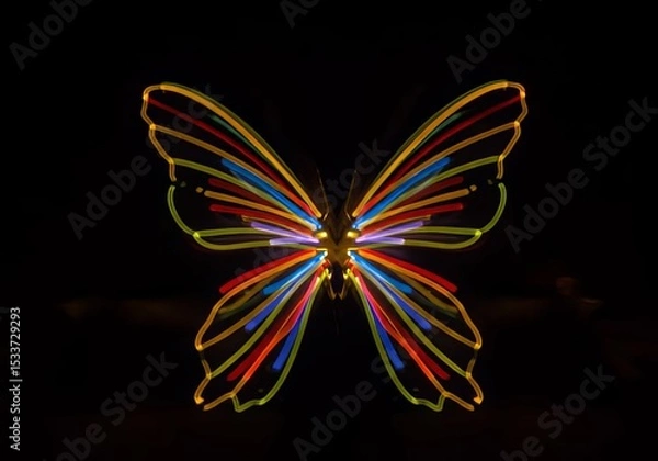 Obraz A glowing butterfly with colorful wings outlined in light against a black background in the darkness