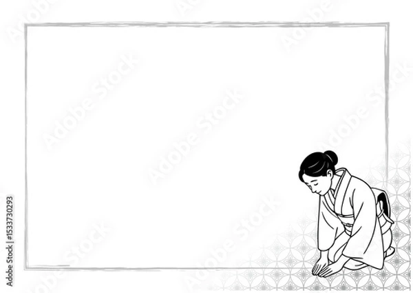 Obraz 和風フレーム背景　正座でお辞儀をする着物の女性