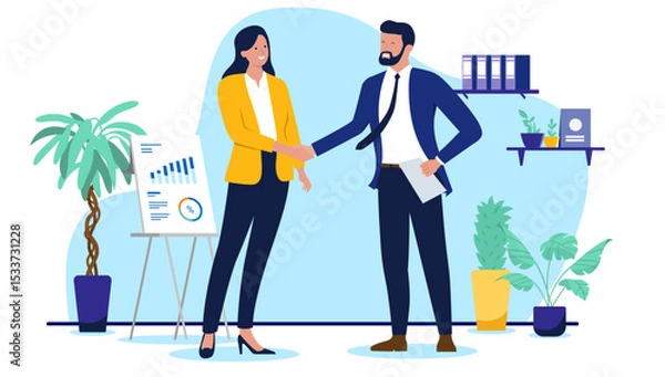 Obraz Two business people shaking hands in an office setting, symbolising a successful deal, partnership, or interview with a presentation board in the background. Flat design vector illustration