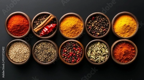 Fototapeta Aromatic spices in small bowls arranged on a dark surface.  Vibrant colors and textures of various herbs and seasonings.