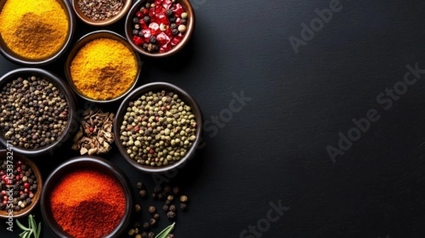 Fototapeta Aromatic spices in small bowls on a dark background.  A vibrant collection of culinary seasonings.
