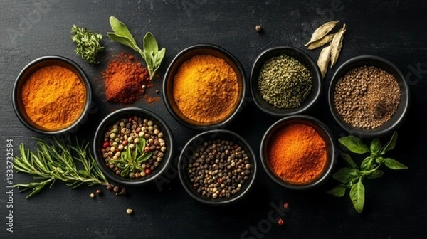 Fototapeta Aromatic spices and herbs in small bowls arranged on a dark surface.  A vibrant mix of colors and textures.