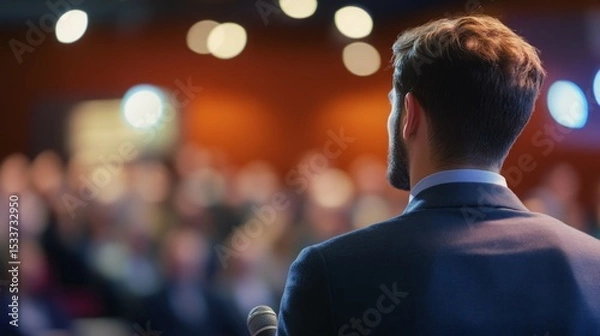 Fototapeta A male speaker addresses a blurred audience at a conference or event. The warm lighting and the speaker's back create a feeling of professionalism and engagement.