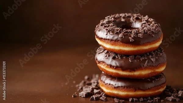 Fototapeta A stack of three chocolate donuts, generously topped with chocolate shavings, sits on a dark brown surface. The rich, dark glaze and chocolate sprinkles create a decadent and tempting image.