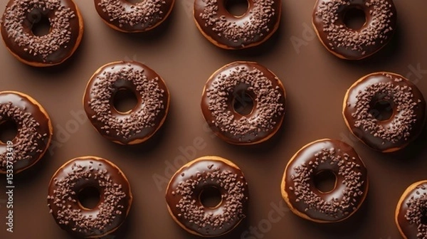Fototapeta Overhead shot of chocolate donuts with sprinkles arranged on a brown background. A delicious sweet treat!
